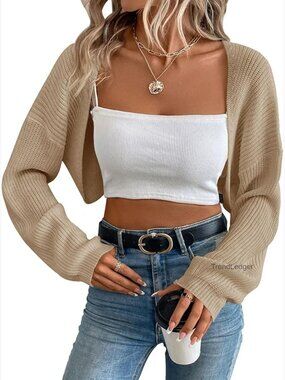 Cropped Cardigan Shrug Long Sleeve Open Front Knit Ribbed Cuffs